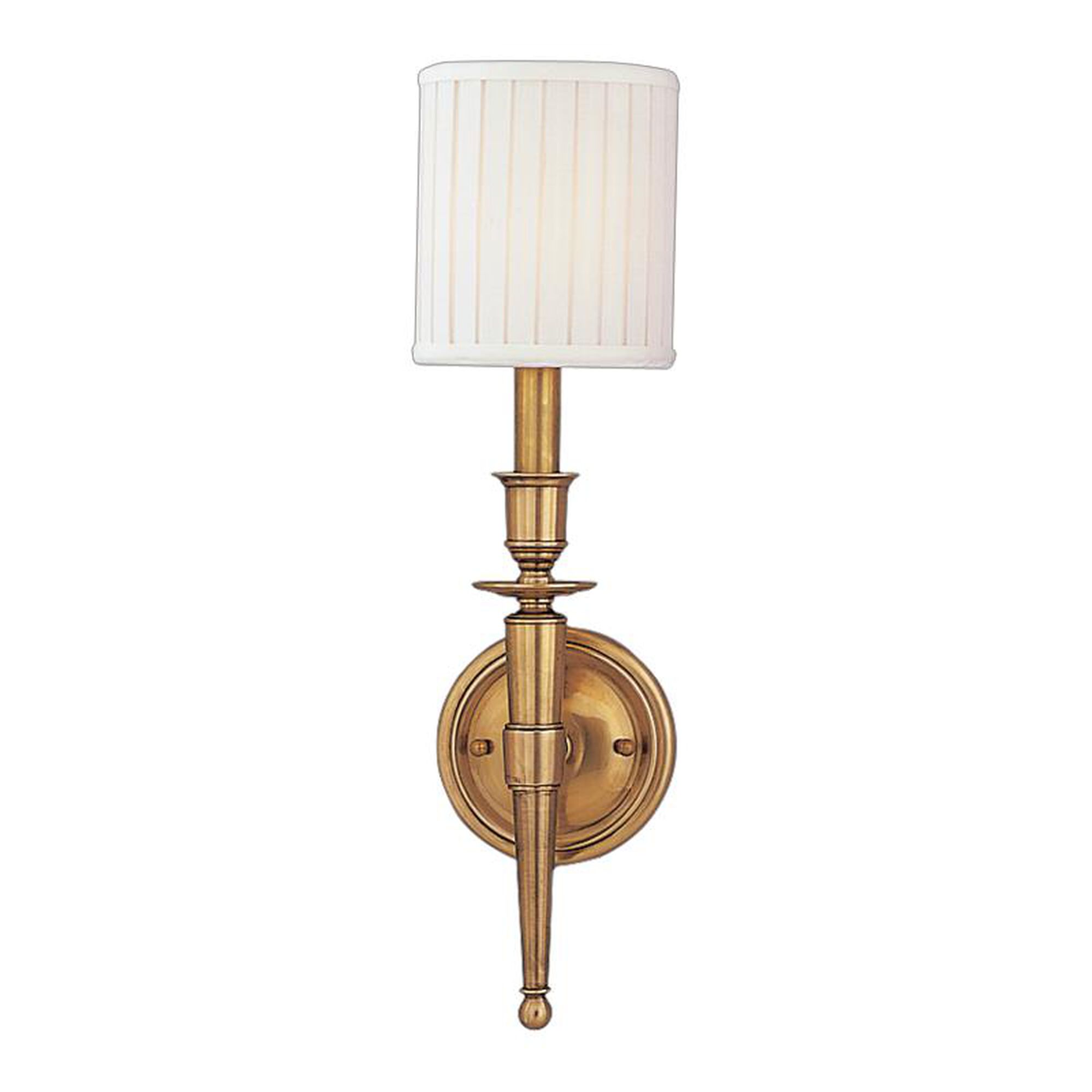 Shown in Aged Brass finish and Off White Faux Silk shade